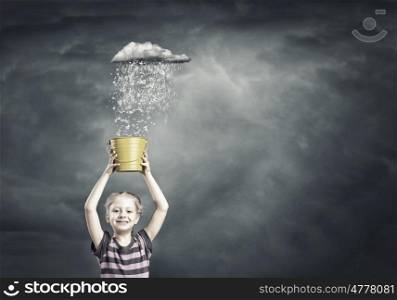 Girl with bucket. Little cute girl catching pouring characters with bucket