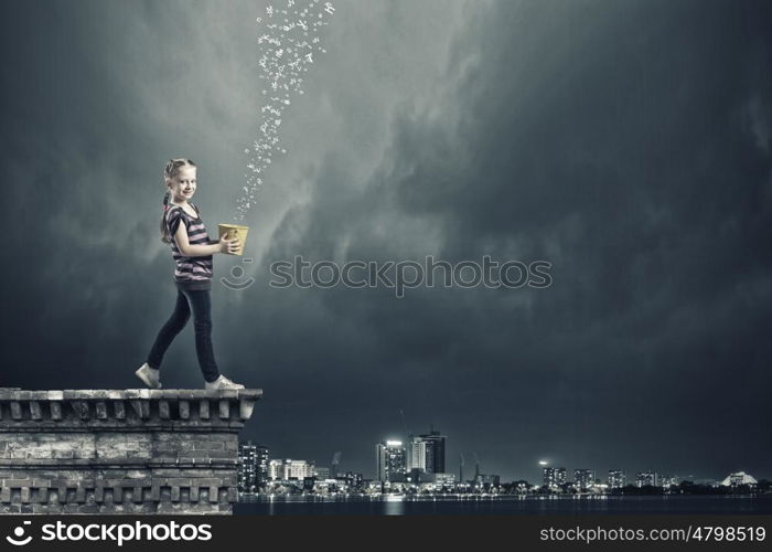 Girl with bucket. Little cute girl catching pouring characters with bucket