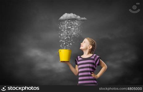 Girl with bucket. Little cute girl catching pouring characters with bucket
