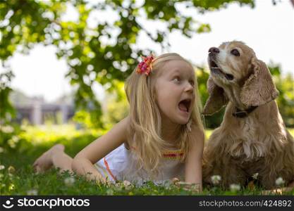 girl with dog outdoors