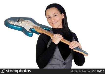 Girl with electric guitar isolated on white background