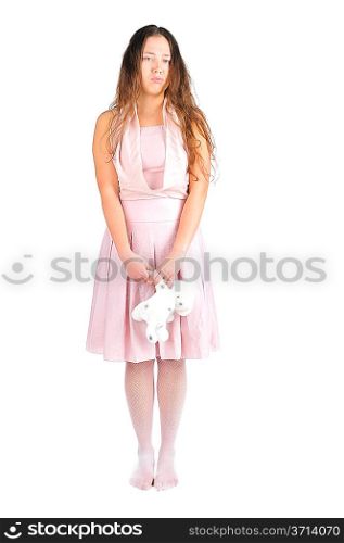 Girl with favorite toy over white background