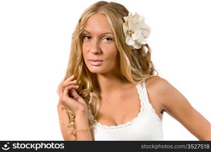 Girl with flowers in her hair. Isolated on white