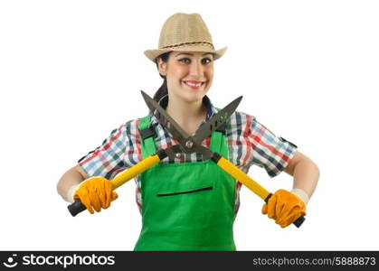 Girl with garden scissors on white