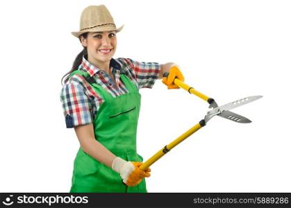 Girl with garden scissors on white