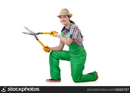 Girl with garden scissors on white