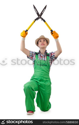 Girl with garden scissors on white