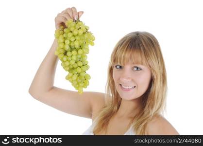 Girl with green grapes. Isolated on white background
