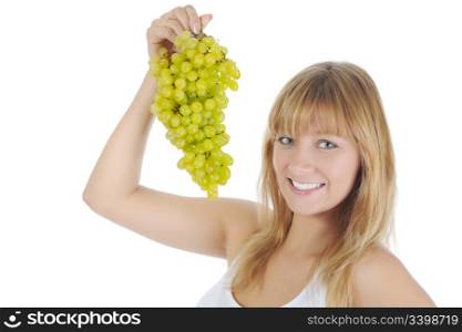 Girl with green grapes. Isolated on white background