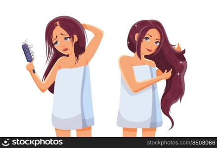 Girl with hair problem, fall, alopecia, damage, beauty woman cartoon style. Girl with hair problem, fall, alopecia, damage, before after beauty woman cartoon style