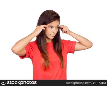 Girl with headache isolated on a white background