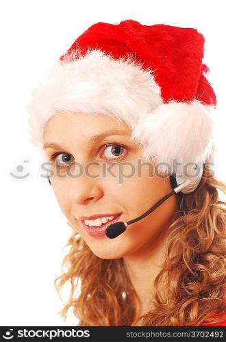 Girl with headset in Santa&acute;s hat, isolated on white