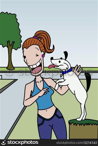 Girl with her dog standing in a park