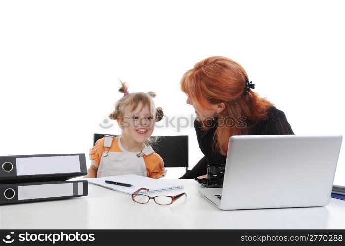 girl with her mother in the office. Isolated on white