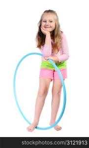 Girl with long blond hair, with hula hoop, isolated on a white background.