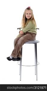 Girl with long blonde hair sitting on a high chair, isolated on a white background