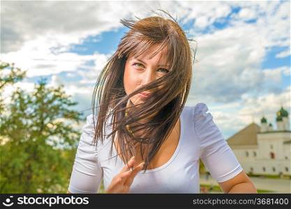 girl with long hair in town
