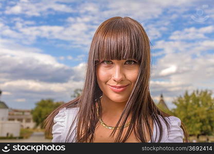 girl with long hair in town