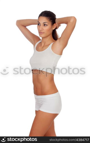 Girl with long hair in white underwear isolated