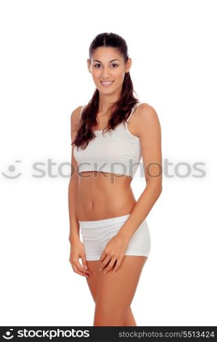 Girl with long hair in white underwear isolated