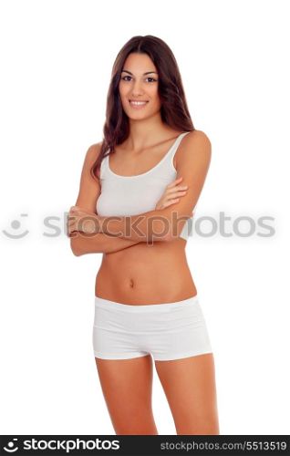 Girl with long hair in white underwear isolated