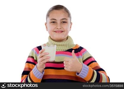 Girl with milk a over white background