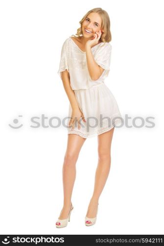 Girl with mobile phone isolated on white