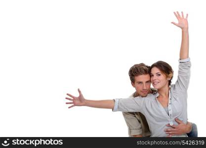 girl with open arms and boyfriend embracing her