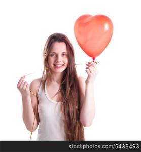 Girl with red balloon heart isolated on white
