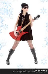 girl with red electric guitar and snowflakes