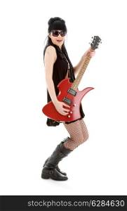 girl with red electric guitar over white