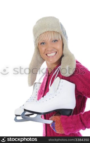 Girl with skates. Isolated on white background