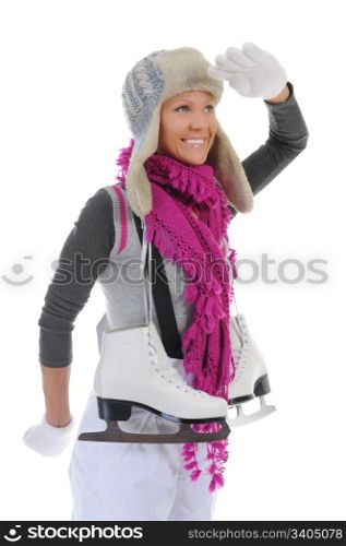 Girl with skates. Isolated on white background