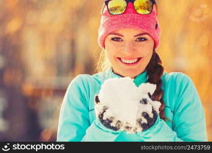 Girl with snow in city. Relax with nature in winter park. Health fitness fashion concept. . Girl with snow in city.