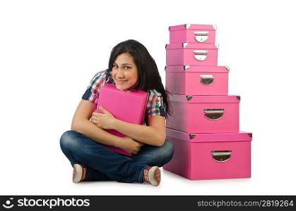 Girl with stack of giftboxes