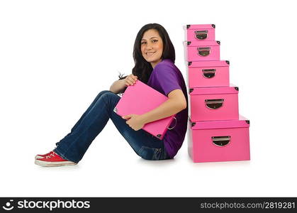 Girl with stack of giftboxes