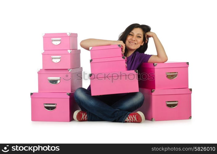 Girl with stack of giftboxes