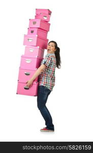 Girl with stack of giftboxes