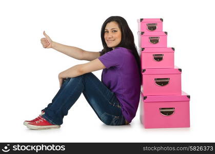 Girl with stack of giftboxes