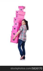 Girl with stack of giftboxes on white