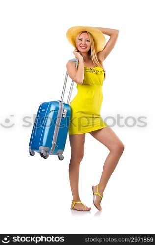 Girl with suitcases isolated on white