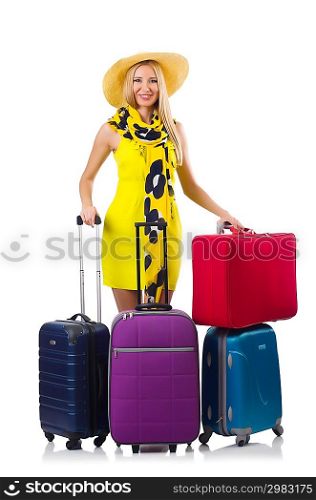 Girl with suitcases isolated on white
