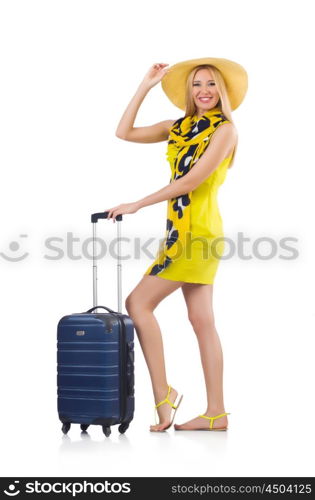 Girl with suitcases isolated on white