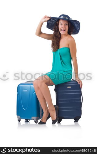 Girl with suitcases isolated on white