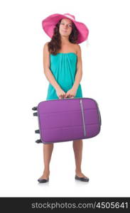 Girl with suitcases isolated on white