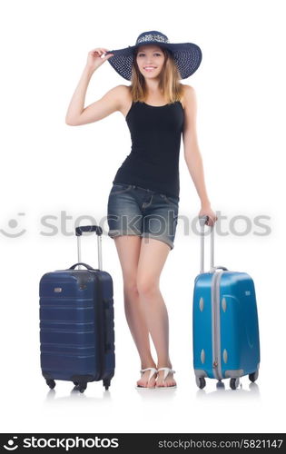 Girl with suitcases isolated on white