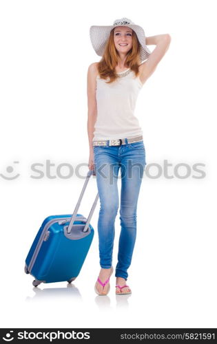 Girl with suitcases isolated on white