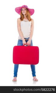 Girl with suitcases isolated on white