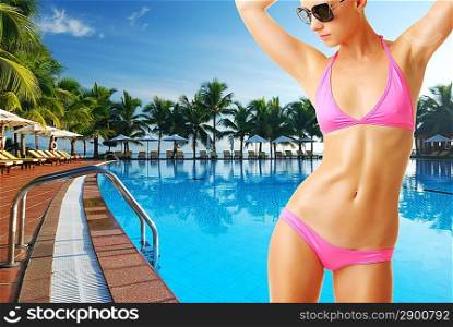 Girl with sunglasses at tropical swimming pool. Collage.