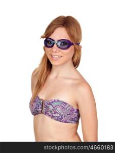 Girl with swimming goggles isolated on white background